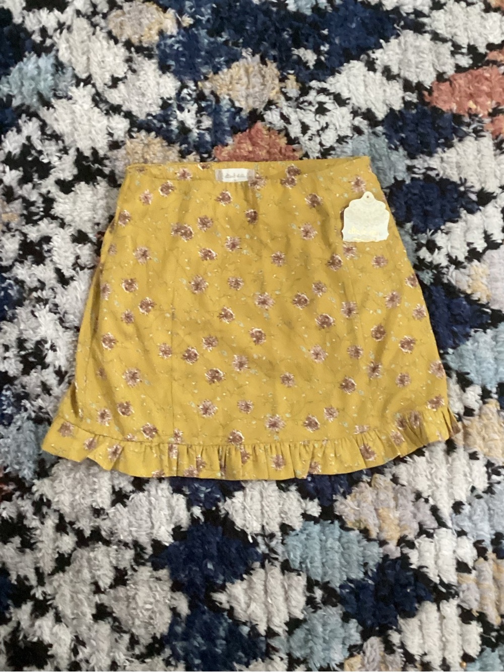 Altar'd State Mustard Yellow Floral Mini Skirt with Ruffle Hem